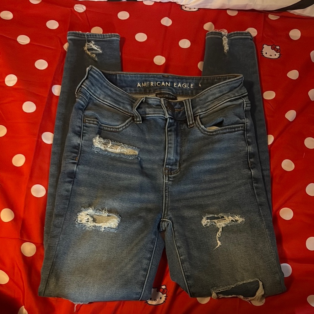 American Eagle Outfitters Blue Skinny Jeans with Distressed Details